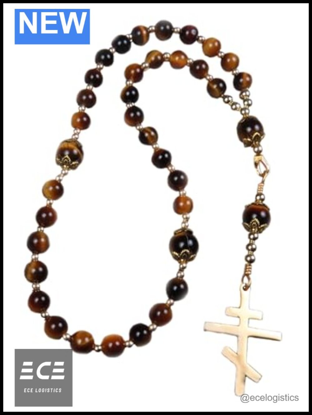 Handmade Orthodox Rosary Tiger Eye Stainless Steel Cross 10in